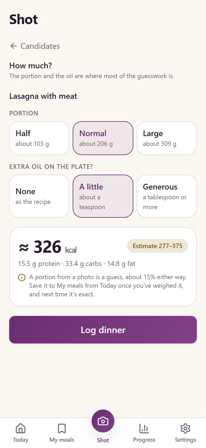 Photo food logging: lasagna with meat, normal portion of about 206 g, a little extra oil, about 326 kcal, estimate 277–375
