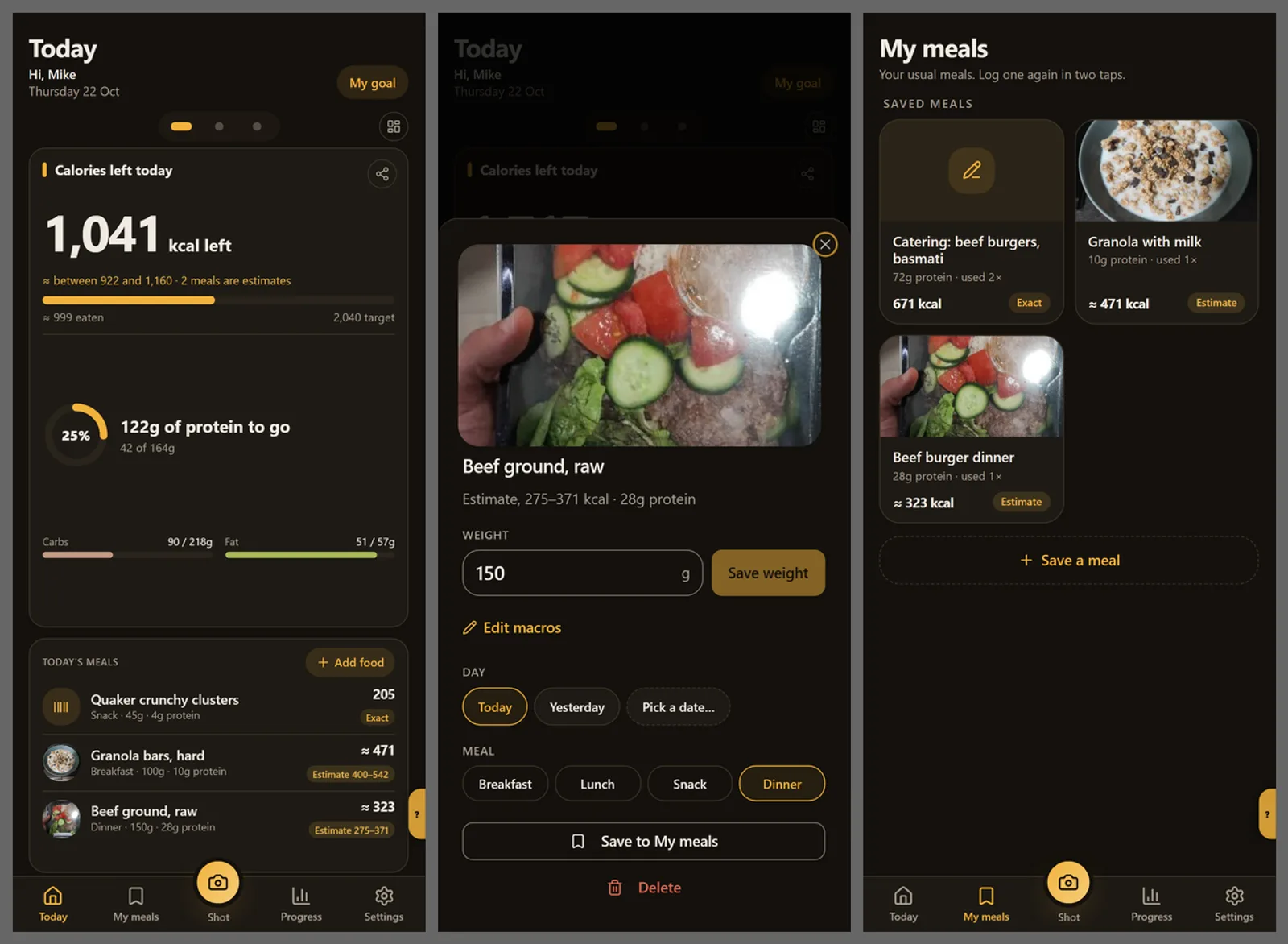 Plate photos on the Today screen, in a meal's details and in My meals