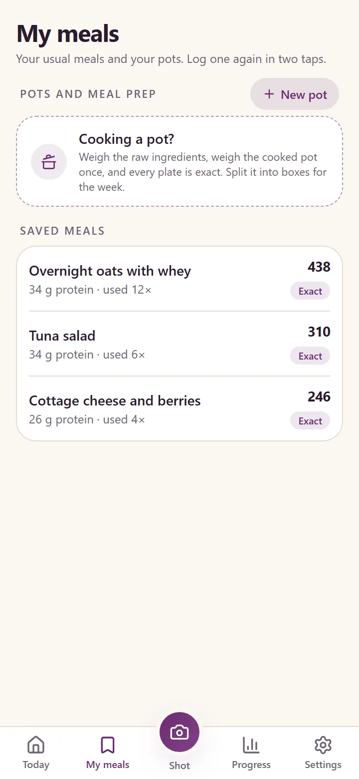 Saved meals logged again in two taps: overnight oats, tuna salad, cottage cheese and berries, all Exact