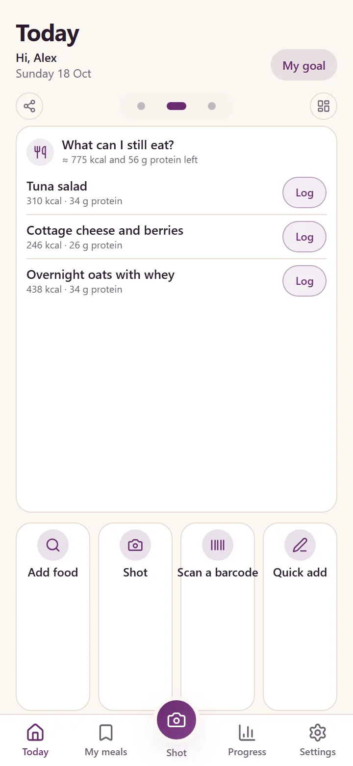 What can I still eat: saved meals that fit the calories and protein left today, each logged with one tap